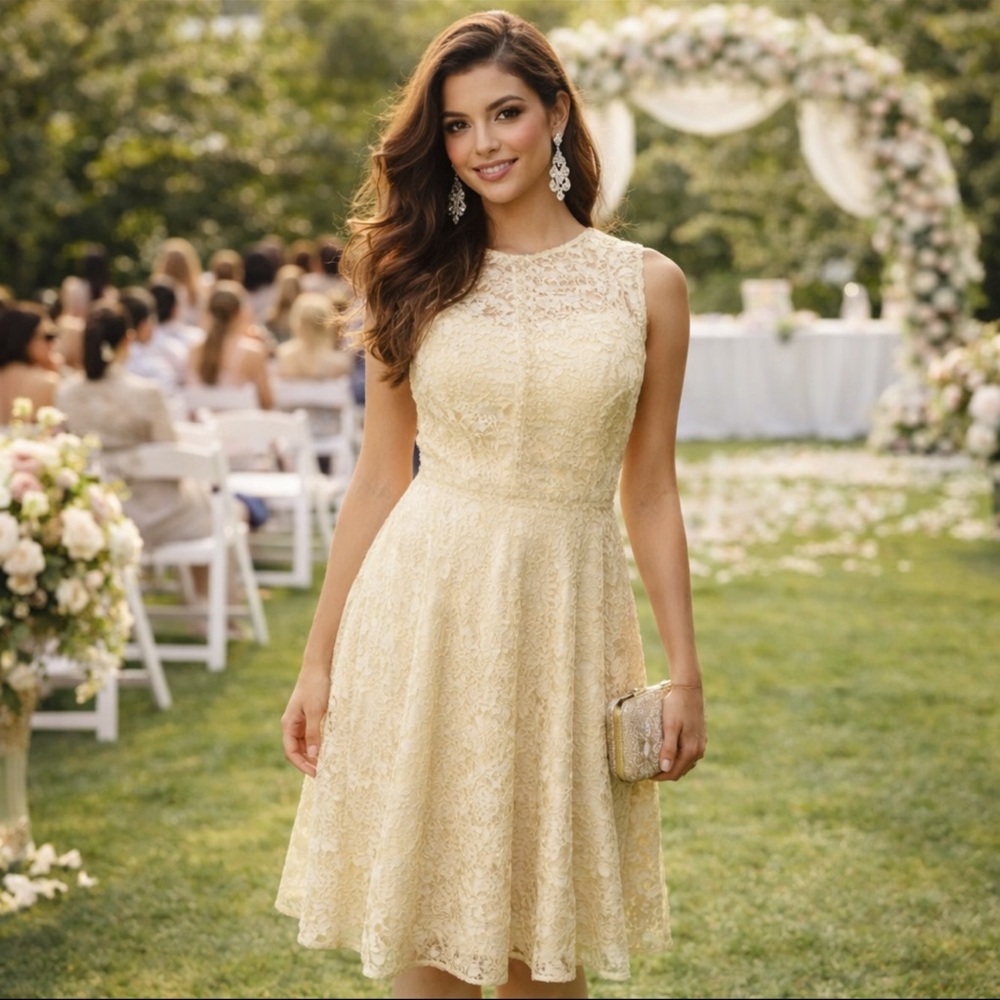 TAHARI CHAMPAGNE GOLD LACE FIT & FLARE MIDI DRESS 14 NWT
